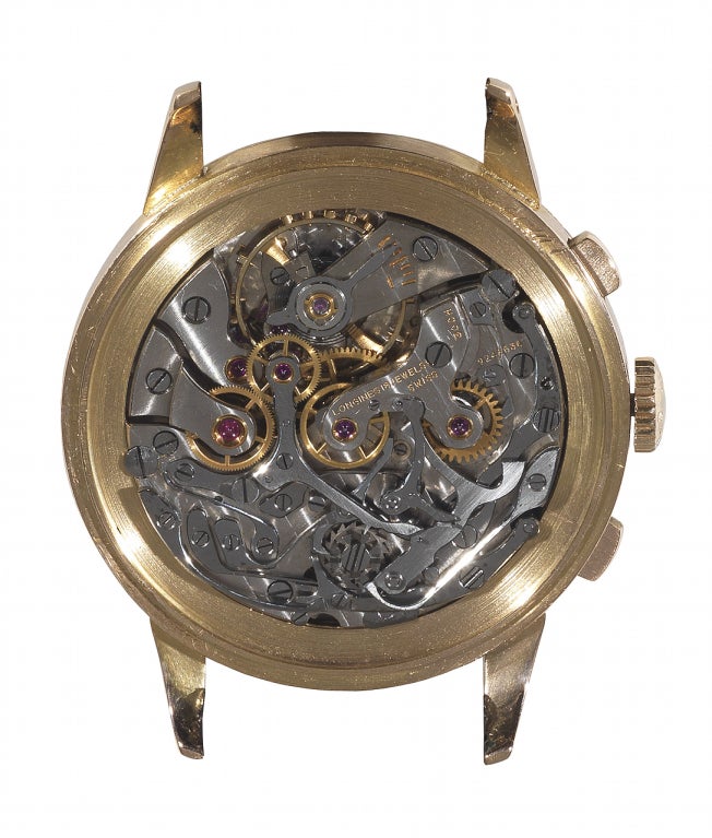 Longines 18k rose gold chronograph wristwatch, circa 1950s. 

Signed Longines, no. 5967 46 7

The nickel plated movement jewelled to the centre with gold alloy balance, numbered 9248636 , further inscribed 30CH.

Silvered dial with applied