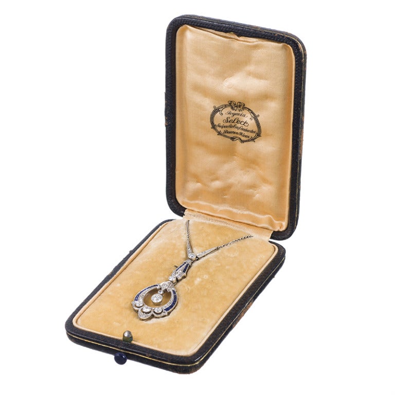Fine Art Deco Diamond & Sapphire Pendant in Original Presentation Case In Excellent Condition In Carmel-by-the-Sea, CA