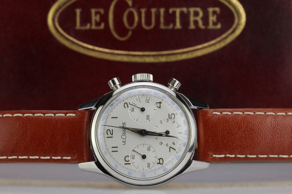 This is a mint example of a Lecoultre chronograph from the 1950s. Both the dial and case are in mint condition and the valjoux 72 movement is keeping good time. It is very difficult to find this model in such nice condition.
