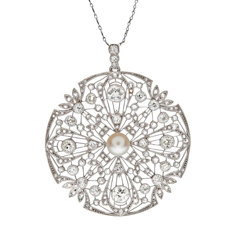 Art Deco Diamond 
Pearl Filigree Platinum Large Pendant