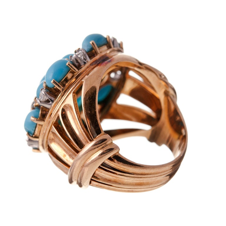 Women's Turquoise Diamond and 18k Yellow Gold 1950s Cluster Ring