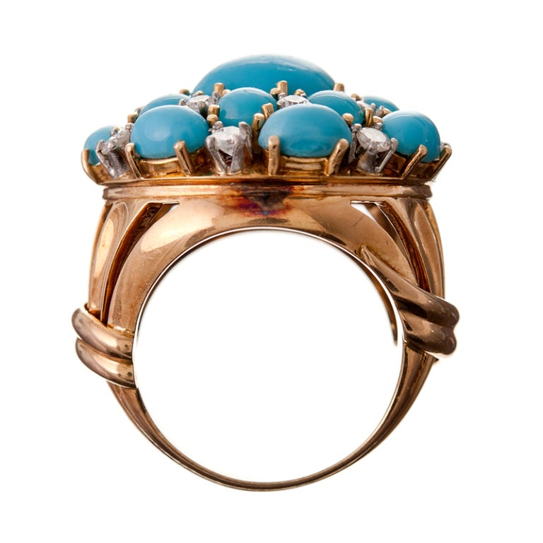 Turquoise Diamond and 18k Yellow Gold 1950s Cluster Ring 1