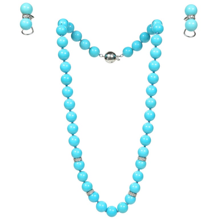 Persian Turquoise White Gold Necklace and Earring Set