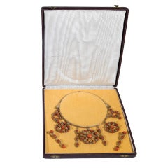 Antique Gold Coral Necklace Earrings Suite