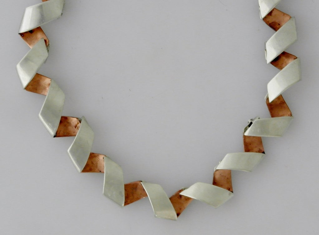 Women's 1950s Antonio Pineda Taxco Rare Copper .970 Silver Link Necklace  For Sale