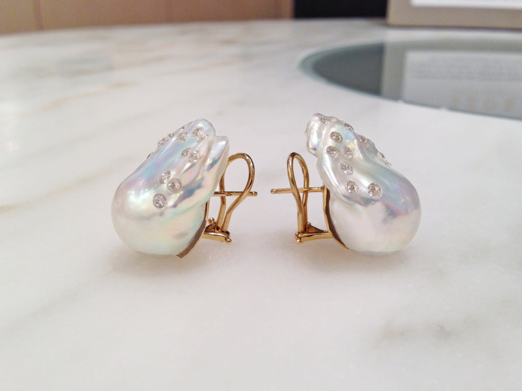 South Sea Baroque Pearl Earrings with embedded diamonds (1.17 carats) and 18k omega backs.
