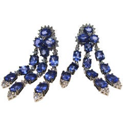 Pair of French Ceylan Sapphires & Diamond Cascade Earrings