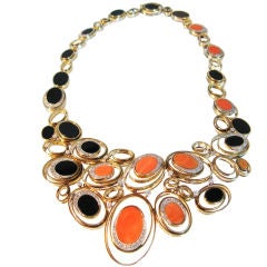 Vintage Spectacular 60's Coral, Diamond, Onyx & Gold Necklace