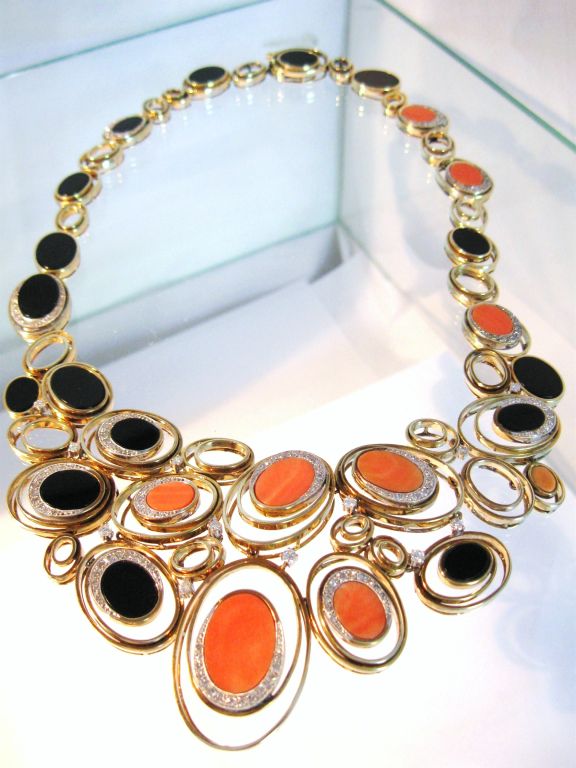 Spectacular 60's Coral, Diamond, Onyx & Gold Necklace