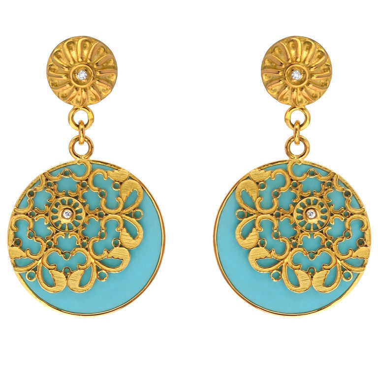 Pair of 18K gold, Turquoise and Diamond Earrings