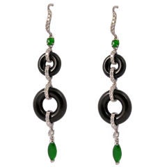 An Elegant Pair of Onyx Jade and Diamond Earrings