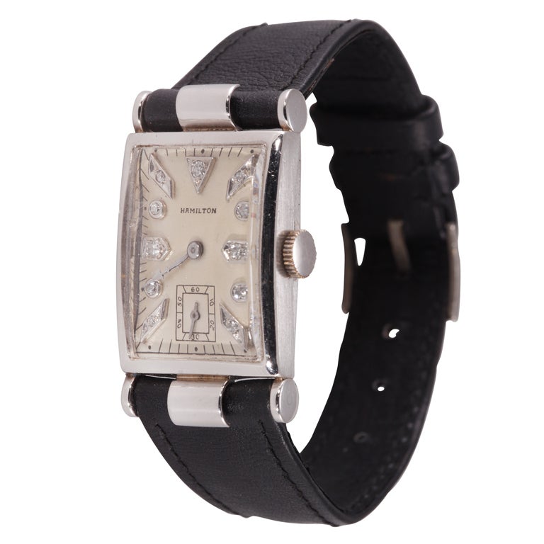 Hamilton Platinum Art Deco Wristwatch with Diamond-Set Dial For Sale