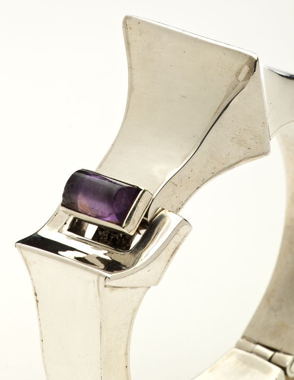 An architectural bracelet with an amethyst closure by Mexican master designer, Antonio Pineda (1919-2009).  Hallmarked on the interior with Antonio's crown mark and his eagle 208 mark which was the government's guarantee of sterling.  Illustrated in