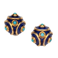 TIFFANY Blue Guilloche Enamel Gold Earrings