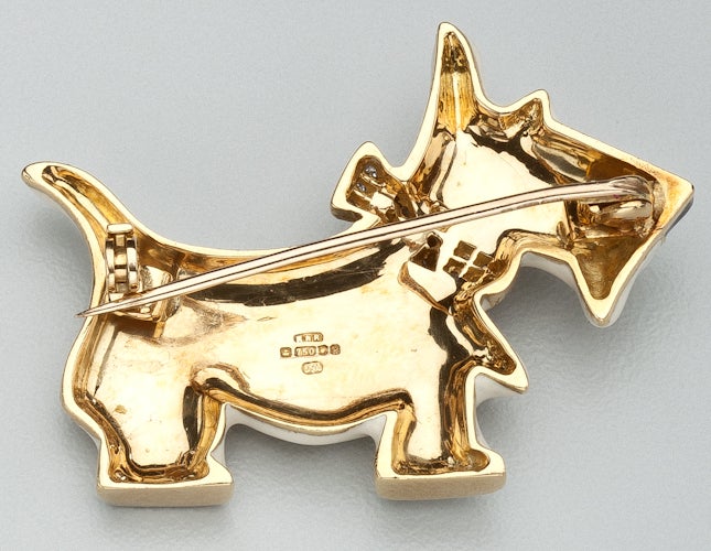 Modern 1970s Enamel Diamond Gold Terrier Dog Brooch  For Sale