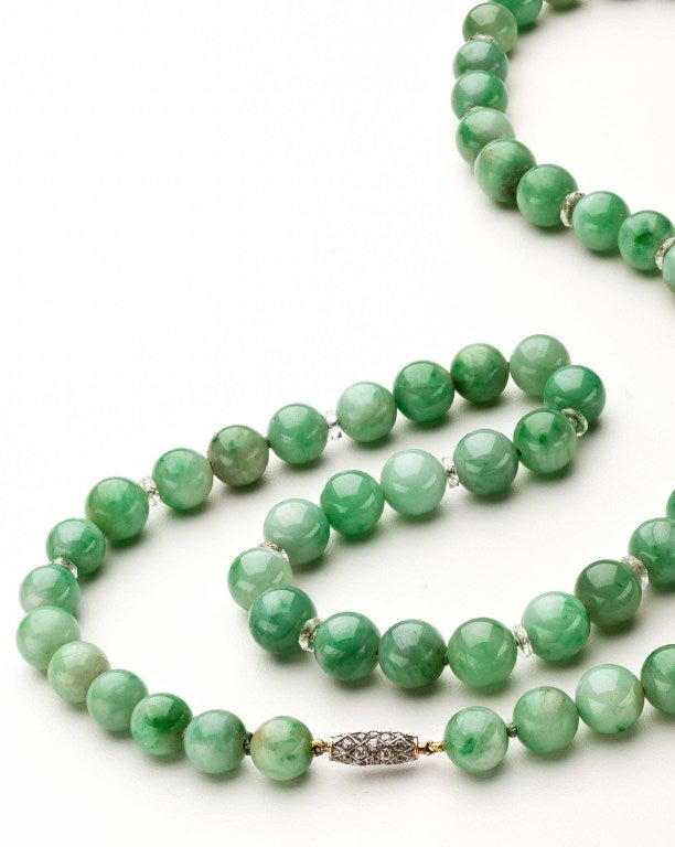 Art Deco Natural Jadeite Necklace With Crystal Spacers For Sale