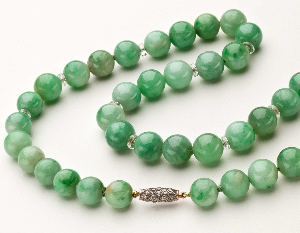 Natural Jadeite Necklace With Crystal Spacers In Good Condition For Sale In New York, NY