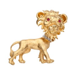 Buccellati Diamond Ruby Gold Lion Brooch