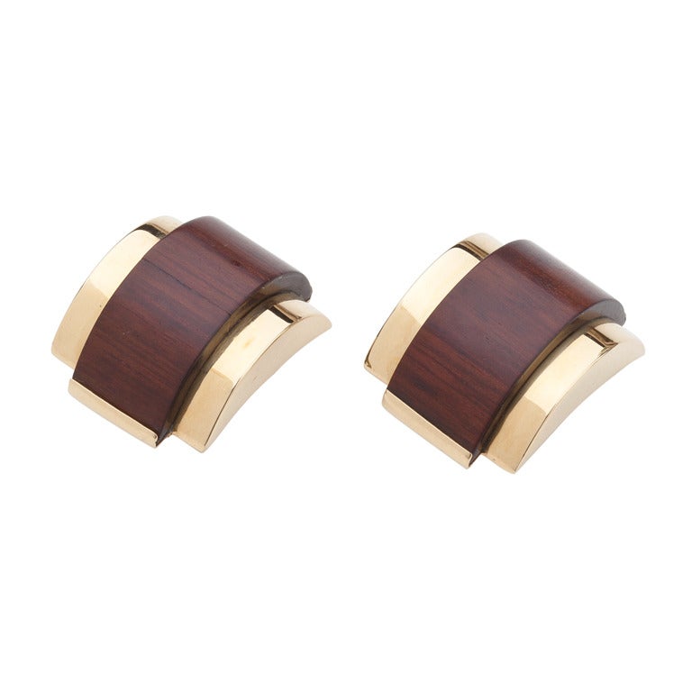 Modernist Gold and Exotic Wood Earrings For Sale