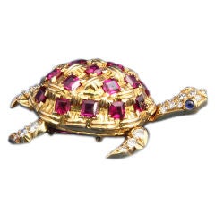 Vintage French Ruby Diamond Gold Turtle Brooch