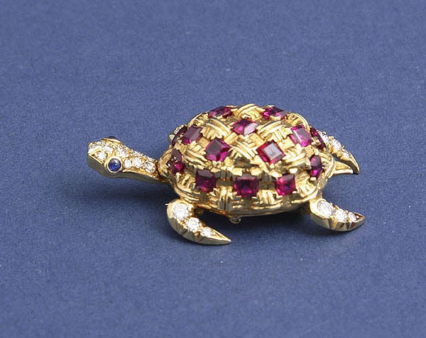 French Ruby Diamond Gold Turtle Brooch
