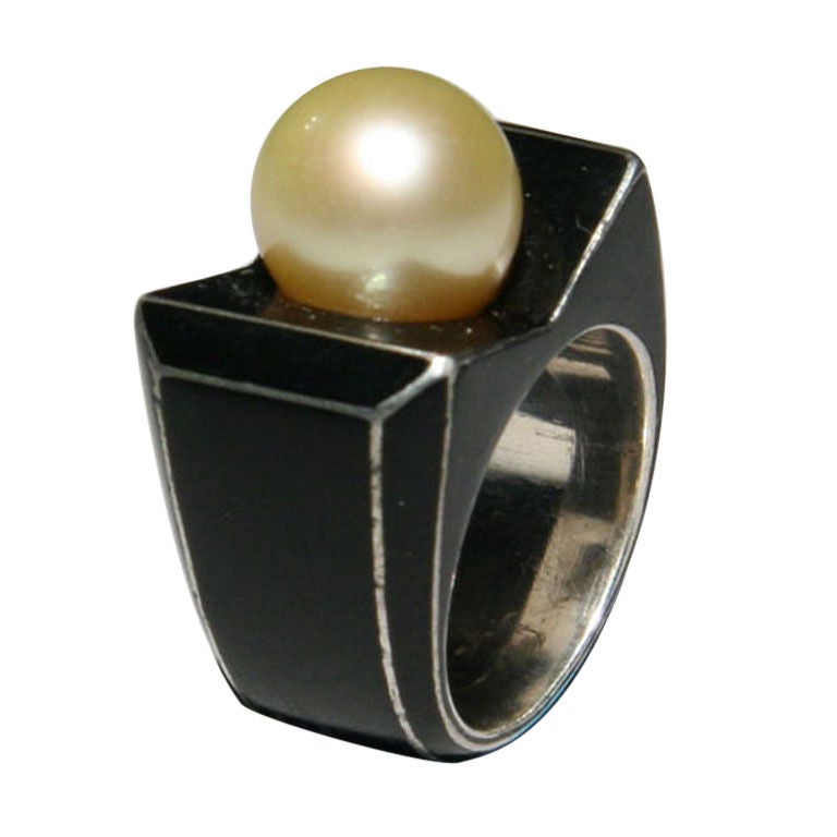 RENE BOIVIN Art Deco Black Enamel Pearl Ring