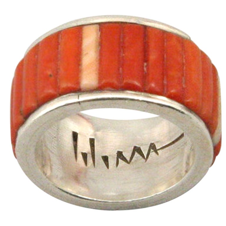 Charles Loloma Sterling and Coral Ring 1970s For Sale
