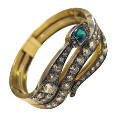 Gold Snake Bangle with Diamonds and Emerald