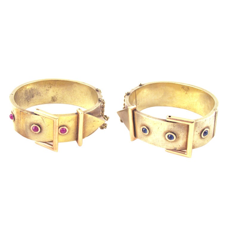 Gold Buckle Bangles with Rubies and Sapphires