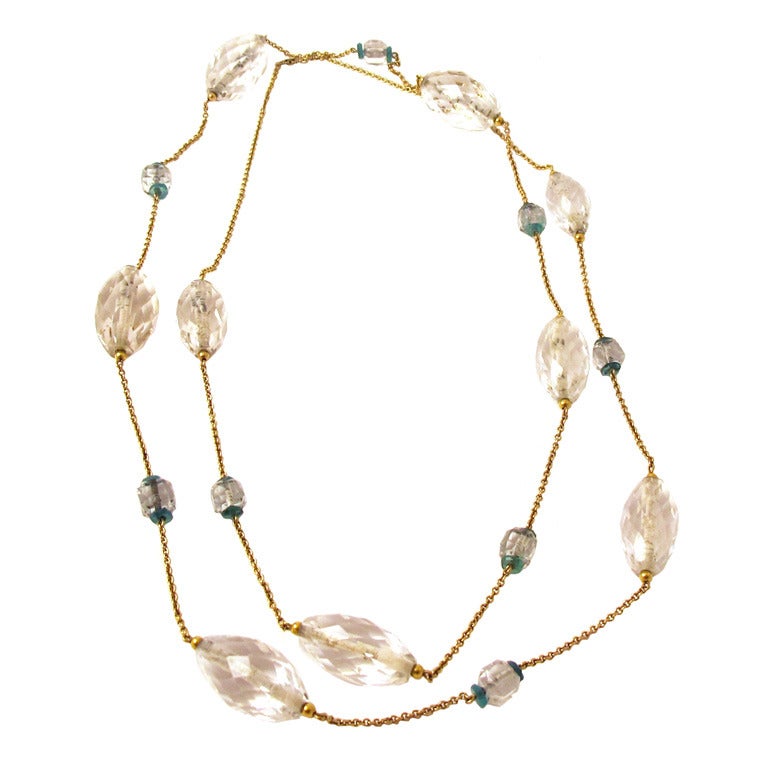 Art Deco Crystal and Chrysophrase Necklace on Gold Chain