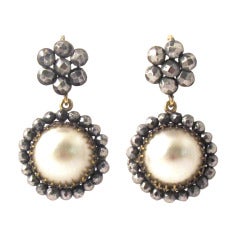 Edwardian Cut Steel and Wax Pearl Flower Earrings