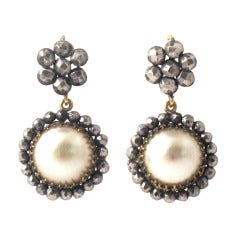 Antique Edwardian Cut Steel and Wax Pearl Flower Earrings