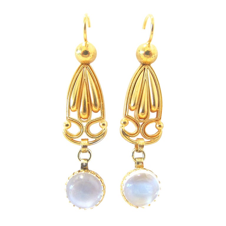Art Deco Cabochon Moonstone Gold Drop Earrings For Sale