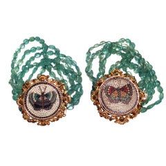 Pair of Victorian Micro-Mosiac and Emerald Bracelets