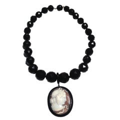 Antique Victorian Whitby Jet and Shell Cameo Necklace