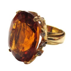 1950s Oval Faceted Citrine and Diamond Cocktail Ring