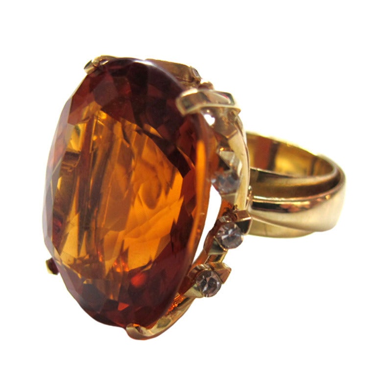 1950s Oval Faceted Citrine and Diamond Cocktail Ring For Sale