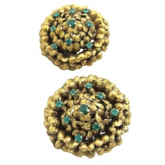Emerald Clip-On Floral Gold Earrings