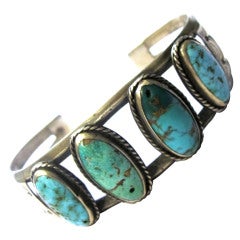 Navajo Stamped Silver and Turquoise Cuff
