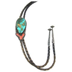 Vintage Navajo Turquoise and Coral Bolo