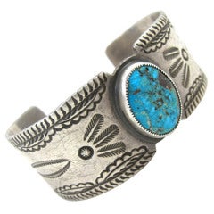 Navajo Stamped Silver and Turqoise Bracelet