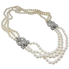 Triple-Strand Pearl and Diamond Necklace