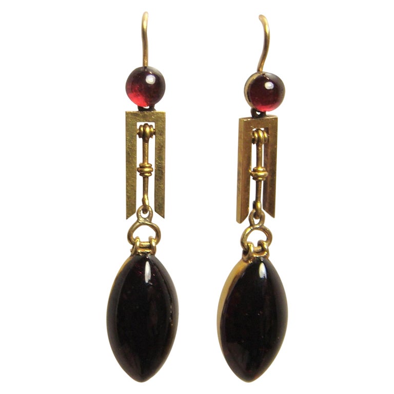 Gold and Cabochon Garnet Pendant Earrings