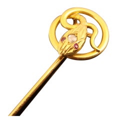Gold Snake Stickpin with Rose Diamond Head and Ruby Eyes