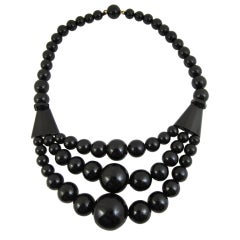 Antique Three Strand Whitby Jet Graduated Bead Necklace