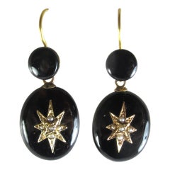 Antique Onyx, Gold and Pearl Star Earrings