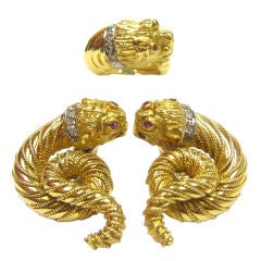 Lalaounis Dragon Head Gold Earrings & Ring Suite.