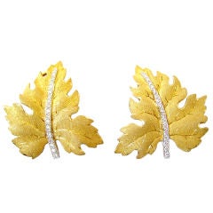 BUCCELATI Textured Gold Leaf & Diamond Earrings.