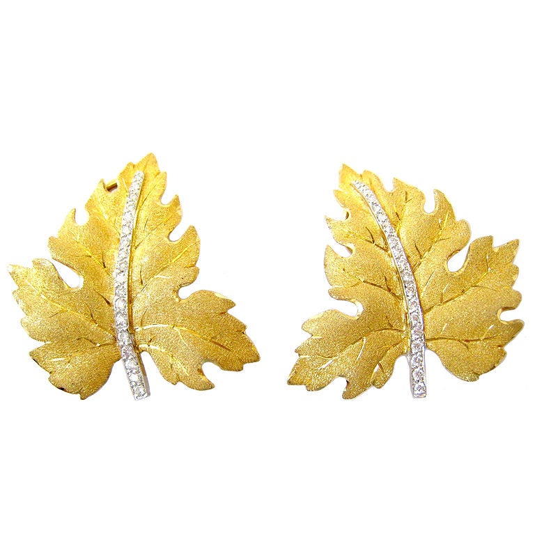 BUCCELATI Textured Gold Leaf & Diamond Earrings. For Sale