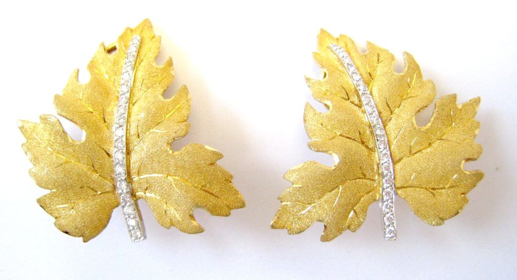 Buccellati 18K Yellow Gold & Diamond Leaf Earrings. Textured Gold Leaves with A Diamond Line Detail, Mounted in 18K Yellow Gold, Italian, with Maker's Marks and Signed: 
